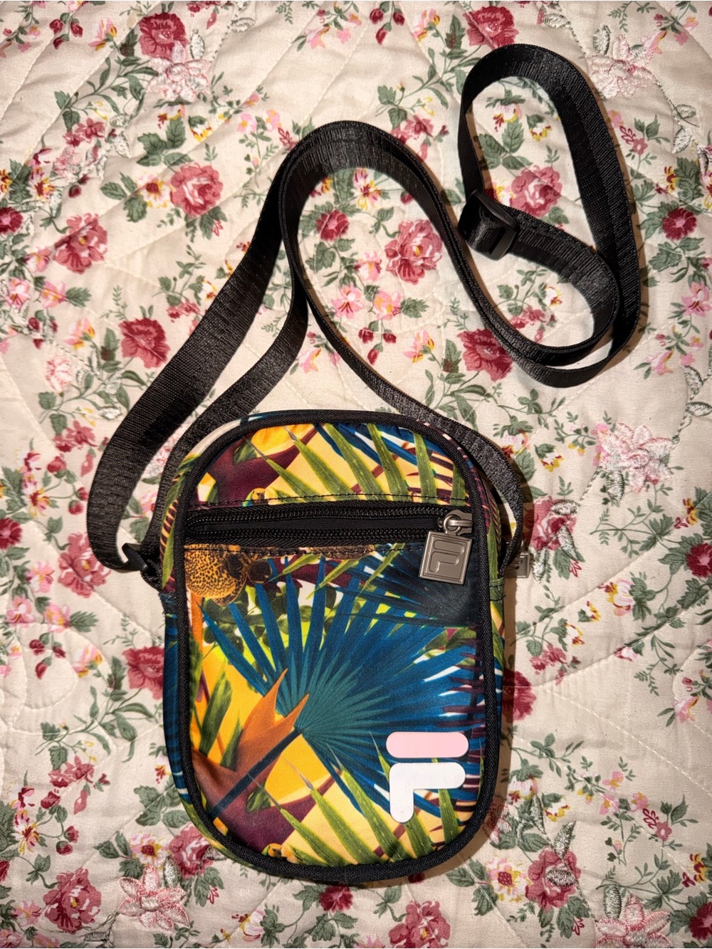 Fila Tropical Palm Print Mini Crossbody in Blue, Yellow, Black